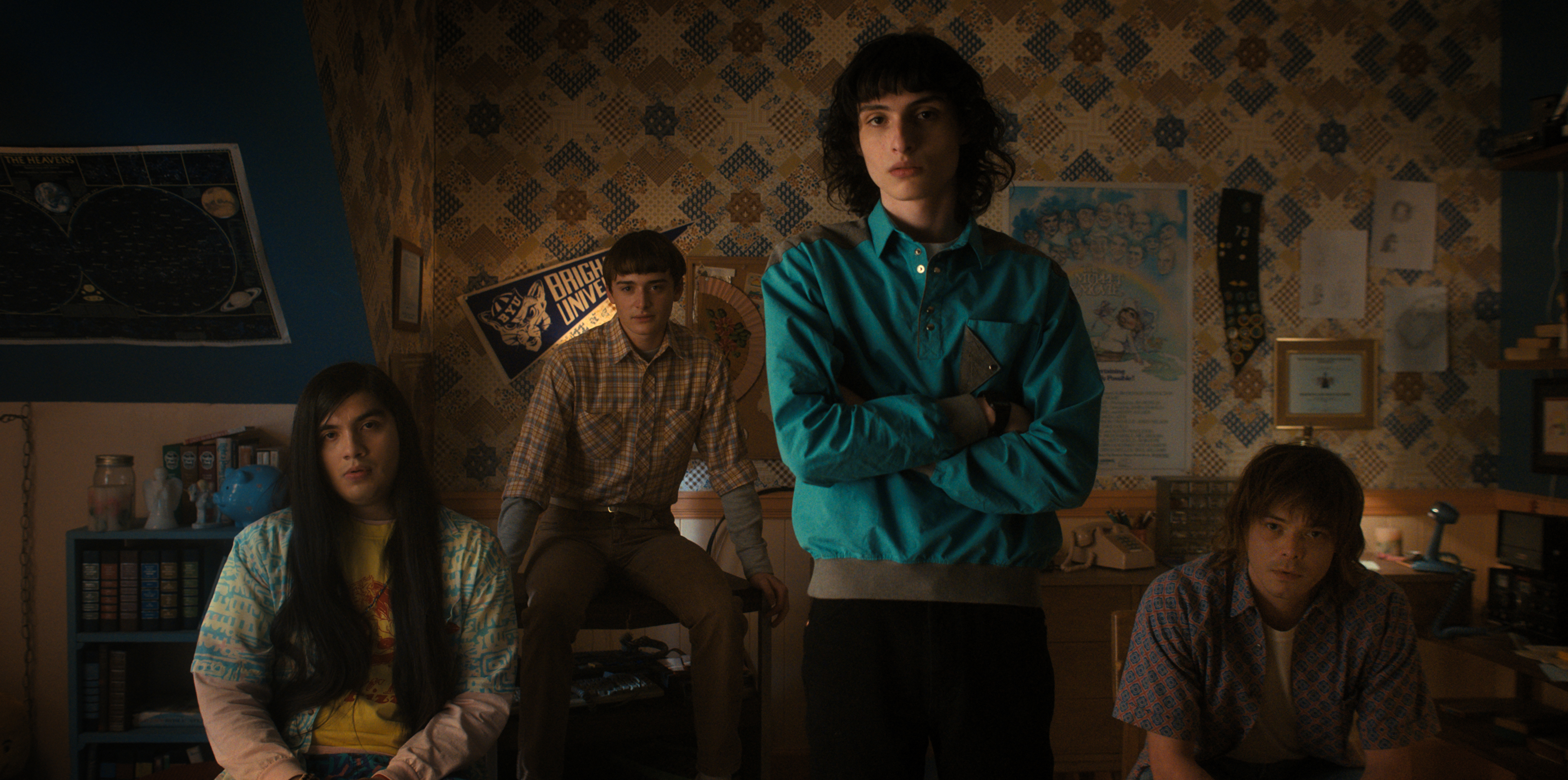 STRANGER THINGS. (L to R) Eduardo Franco as Argyle, Noah Schnapp as Will Byers, Finn Wolfhard as Mike Wheeler, and Charlie Heaton as Jonathan in STRANGER THINGS. Cr. Courtesy of Netflix  © 2022